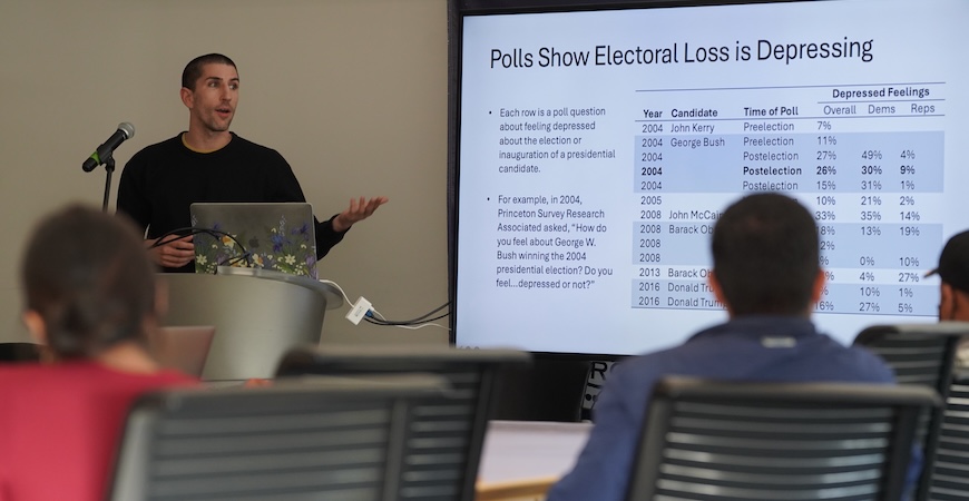 UC Merced political science Professor Christopher Ojeda displays a slide showing people say they feel depressed in polls taken after elections.