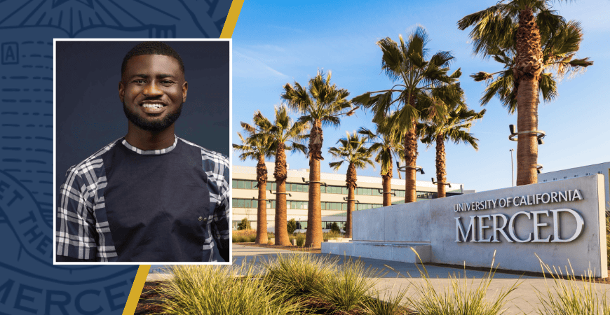 Collage photo of Black male with dark hair and beard wearing blue and gray long sleeve shirt and photo of campus signage and palm trees.